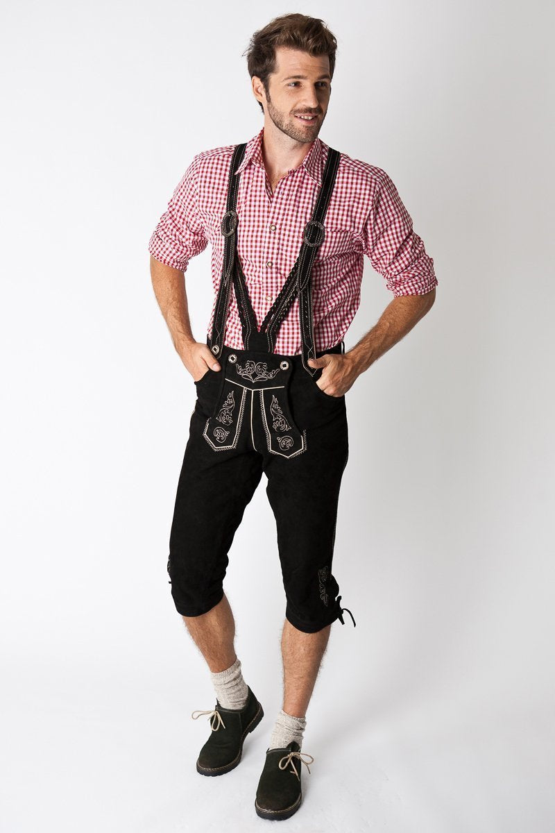classic gear lederhose Alpen Schatz Men's Lederhosen Johannes Knee Length Black Lederhosen / 48 (US 30" Waist)