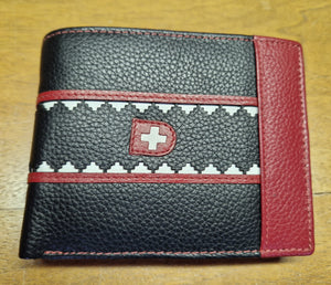 Swiss Leather Wallet - Black & Red Trifold